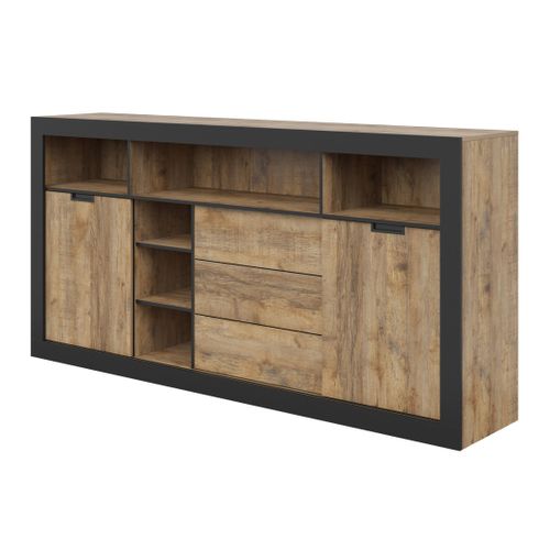 Buffet Haut XL Meunier – 2 Portes Coulissantes, 3 Tiroirs et 6 Niches – Chêne Samdal et Noir Mat