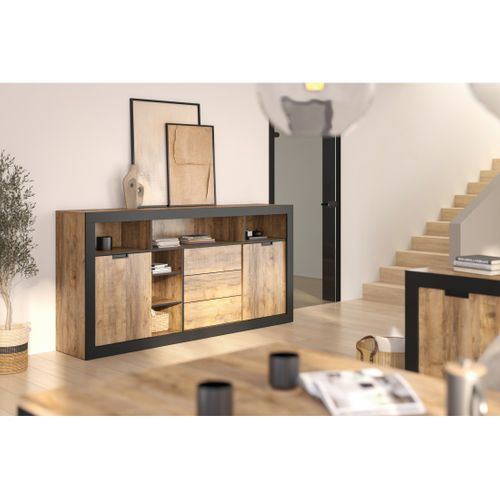 Buffet Haut XL Meunier – 2 Portes Coulissantes, 3 Tiroirs et 6 Niches – Chêne Samdal et Noir Mat
