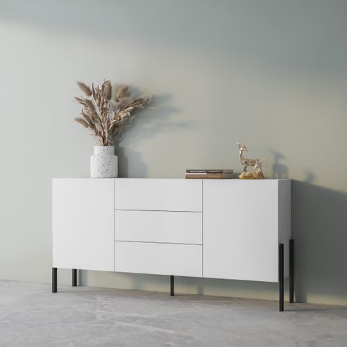 Buffet Salma 2 Portes et 3 Tiroirs Push-to-open – Blanc Super Matt et Noir Mat, 184×90×40 Cm