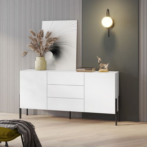 Buffet Salma 2 Portes et 3 Tiroirs Push-to-open – Blanc Super Matt et Noir Mat, 184×90×40 Cm
