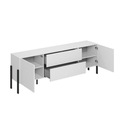 Meuble TV Salma – 2 Portes et 2 Tiroirs Push-to-open – Blanc Super Mat et Noir Mat