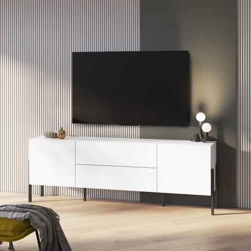 Meuble TV Salma – 2 Portes et 2 Tiroirs Push-to-open – Blanc Super Mat et Noir Mat