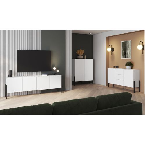 Meuble TV Salma – 2 Portes et 2 Tiroirs Push-to-open – Blanc Super Mat et Noir Mat