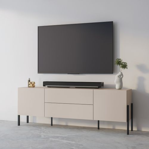 Meuble TV Salma – 2 Portes et 2 Tiroirs Push-to-open – Beige et Noir Mat, 207×70×40 Cm
