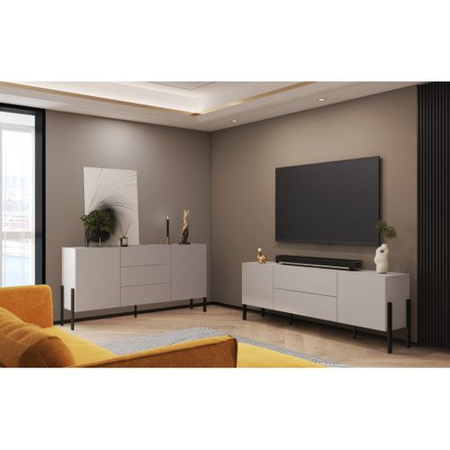 Meuble TV Salma – 2 Portes et 2 Tiroirs Push-to-open – Beige et Noir Mat, 207×70×40 Cm