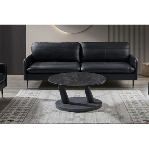 Table Basse Virello – Table Basse Ronde Ø80 Cm – Pierre Naturelle Gris Foncé et Métal – Design Conte