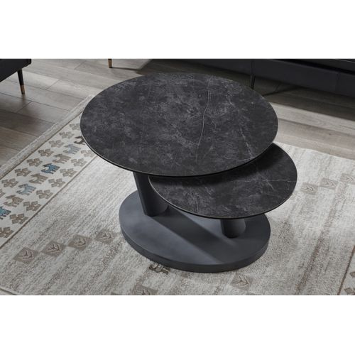 Table Basse Virello – Table Basse Ronde Ø80 Cm – Pierre Naturelle Gris Foncé et Métal – Design Conte