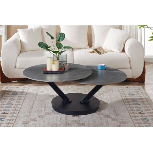 Table Basse Virello – Table Basse Ronde Ø85 Cm – Pierre Naturelle Gris Clair et Métal – Design Haut