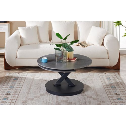 Table Basse Virello – Table Basse Ronde Ø85 Cm – Pierre Naturelle Gris Clair et Métal – Design Haut
