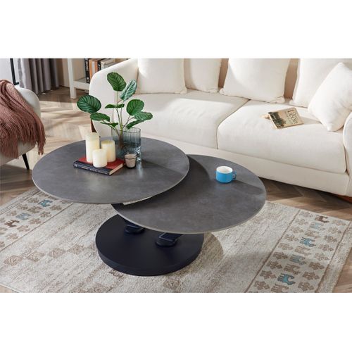 Table Basse Virello – Table Basse Ronde Ø85 Cm – Pierre Naturelle Gris Clair et Métal – Design Haut