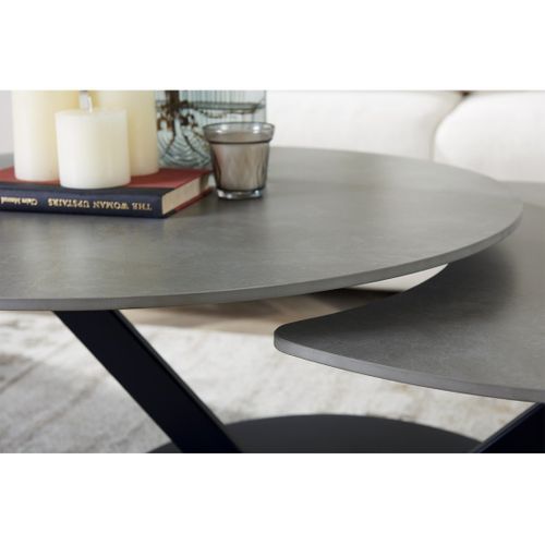 Table Basse Virello – Table Basse Ronde Ø85 Cm – Pierre Naturelle Gris Clair et Métal – Design Haut