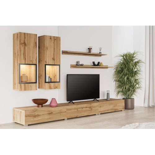 Ensemble Meubles De Salon Ramos – Chêne Doré Et Noir – LED Multicolore Intégrée – Style Contemporai