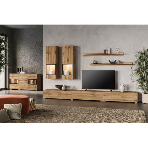 Ensemble Meubles De Salon Ramos – Chêne Doré Et Noir – LED Multicolore Intégrée – Style Contemporai