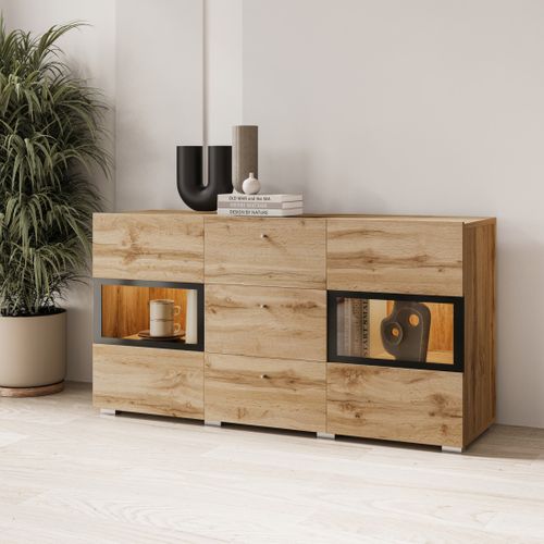 Buffet Ramos 130 Cm – Chêne Doré Et Noir – 2 Portes Vitrées Et 3 Tiroirs – Sans LED