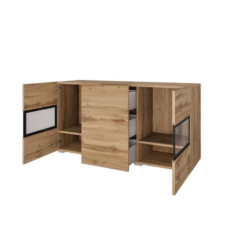 Buffet Ramos 130 Cm – Chêne Doré Et Noir – 2 Portes Vitrées Et 3 Tiroirs – Sans LED