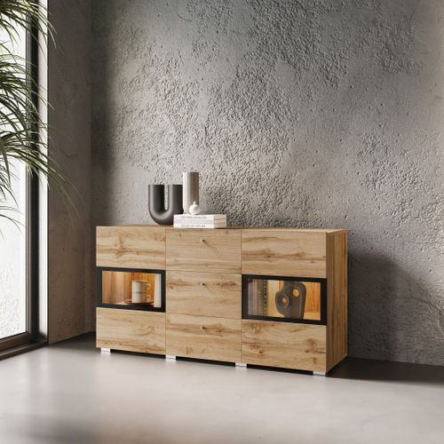 Buffet Ramos 130 Cm – Chêne Doré Et Noir – 2 Portes Vitrées Et 3 Tiroirs – Sans LED