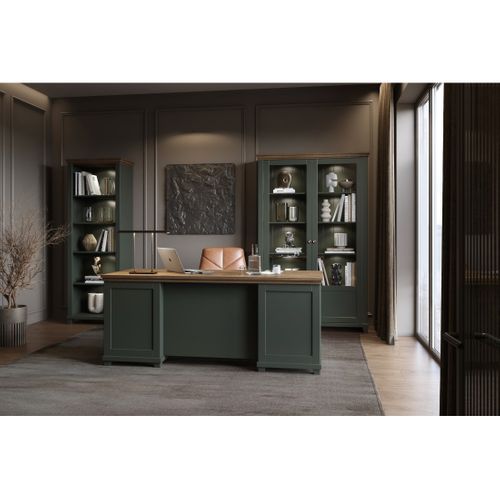 Ensemble Bureau Assia Vert Foncé Et Bois – Bureau 180 Cm + Bibliothèque + Vitrine 2 Portes Vitrées