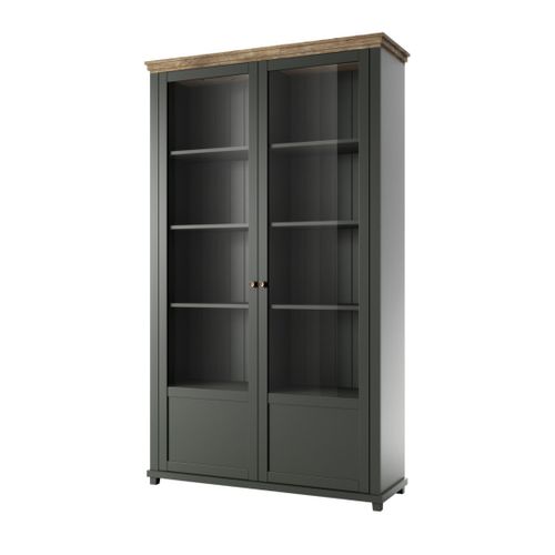 Ensemble Bureau Assia Vert Foncé Et Bois – Bureau 180 Cm + Bibliothèque + Vitrine 2 Portes Vitrées