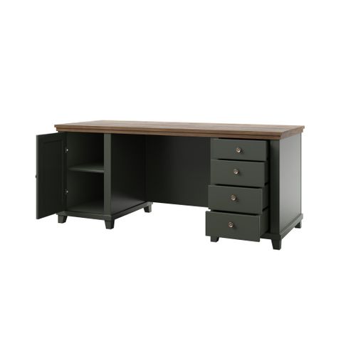 Ensemble Bureau Assia Vert Foncé Et Bois – Bureau 180 Cm + Bibliothèque + Vitrine 2 Portes Vitrées