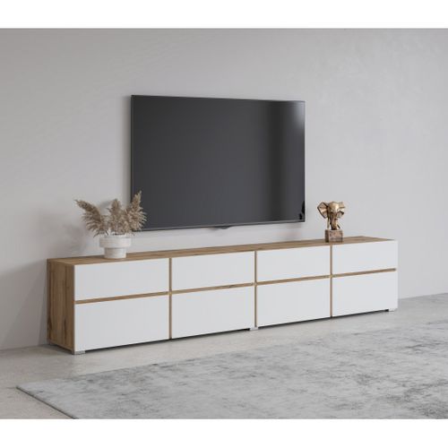 Meuble TV XL Havana – 225 Cm – 4 Portes Abattantes Et 4 Tiroirs – Chêne Et Blanc – Design Moderne