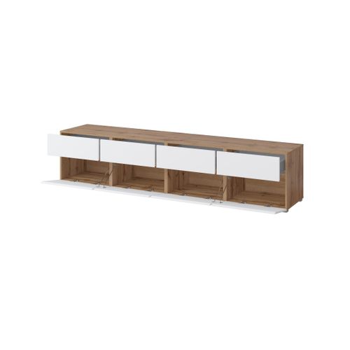 Meuble TV XL Havana – 225 Cm – 4 Portes Abattantes Et 4 Tiroirs – Chêne Et Blanc – Design Moderne