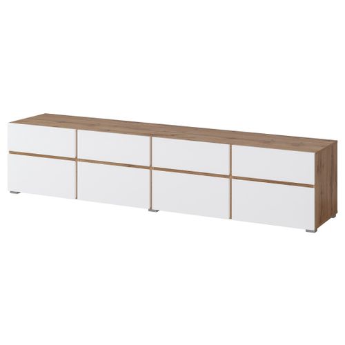 Meuble TV XL Havana – 225 Cm – 4 Portes Abattantes Et 4 Tiroirs – Chêne Et Blanc – Design Moderne