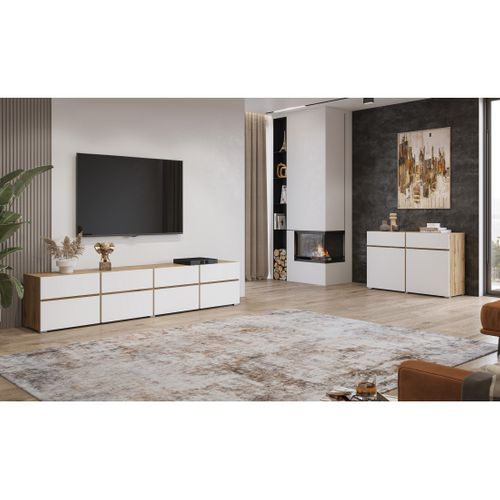Meuble TV XL Havana – 225 Cm – 4 Portes Abattantes Et 4 Tiroirs – Chêne Et Blanc – Design Moderne