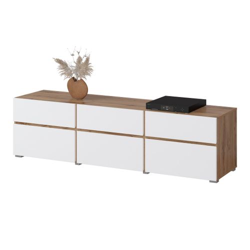 Meuble TV Havana – 180 Cm – 3 Portes Abattantes Et 3 Tiroirs – Chêne Et Blanc – Design Contemporain