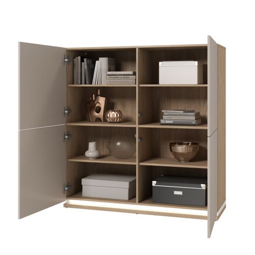 Buffet Haut Julia 4 Portes – Chêne Huilé Et Beige Cashmere Avec Éclairage LED Intégré – L 120 Cm