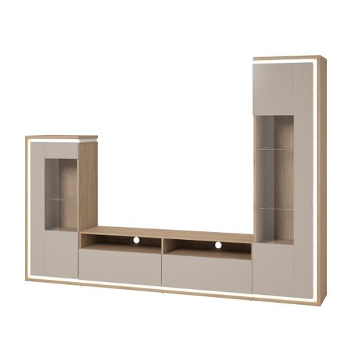 Ensemble Meubles Julia – Vitrines, Buffet Et Meuble TV – Chêne Huilé Et Beige Cashmere Avec LED