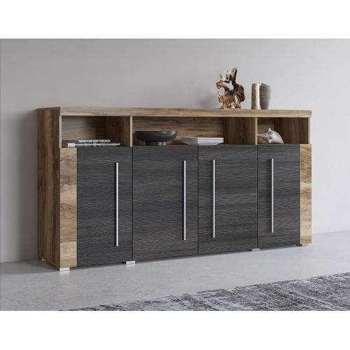 Buffet Brazza 4 Portes – Grand Rangement Noyer Satin – Niches Décoratives – 182 Cm