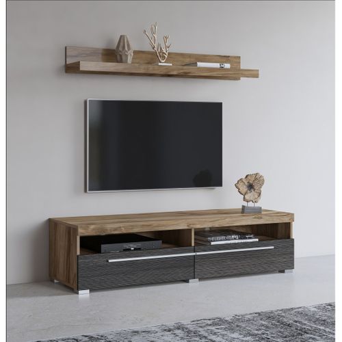 Meuble TV Brazza 140 Cm Avec Étagère Murale – 2 Abattants – Noyer Satin Et Niches Visibles