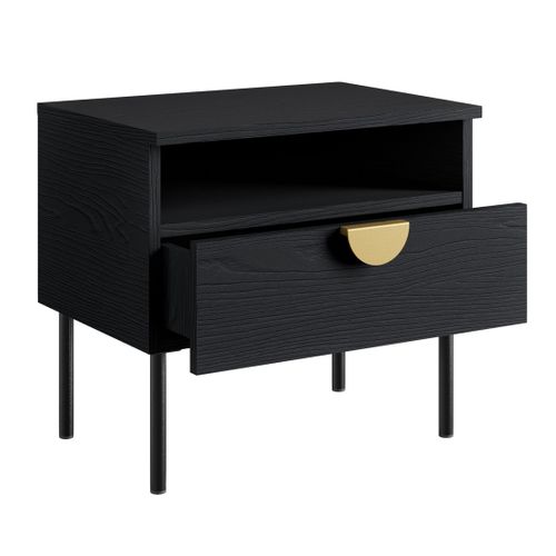 Lot De 2 Tables De Chevet Mondo – Noir Structuré Et Doré – 1 Tiroir + Niche – Style Moderne Chic