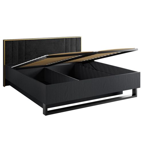 Lit Coffre Mondo – 160x200 Cm – Noir Structuré Et Doré – Pieds Métal – Sommier Inclus