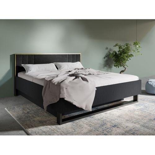Lit Mondo – 160x200 Cm – Noir Structuré Et Doré – Pieds Métal – Sommier Inclus