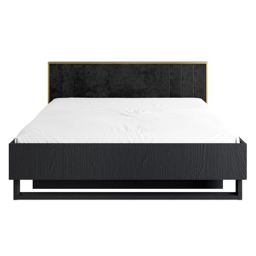 Lit Mondo – 160x200 Cm – Noir Structuré Et Doré – Pieds Métal – Sommier Inclus