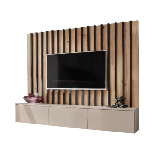Composition Murale Tashya – Meuble TV Et Panneau Mural – Chêne Artisan Et Cachemire