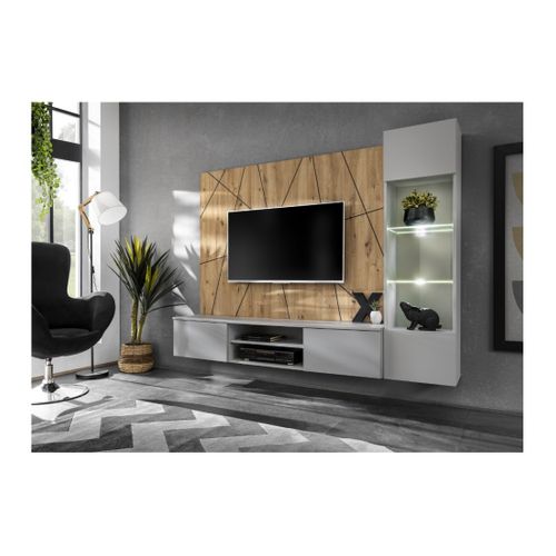 Composition Murale Ixar Géométrique – Meuble TV + Vitrine Suspendue + Panneaux Décoratifs