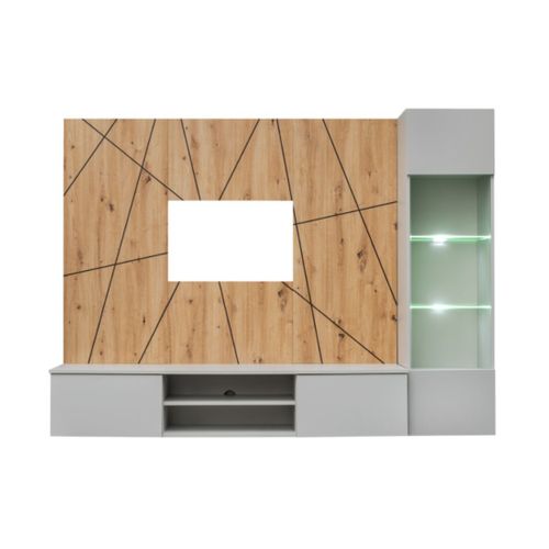 Composition Murale Ixar Géométrique – Meuble TV + Vitrine Suspendue + Panneaux Décoratifs
