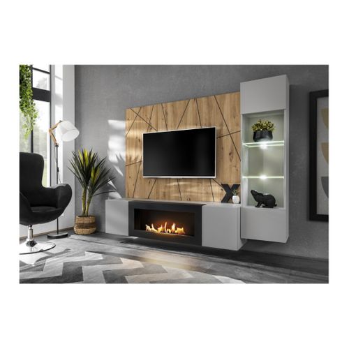 Composition Murale Ixar Géométrique – Meuble TV, Vitrine Suspendue, Panneaux Muraux Et Cheminée Bio