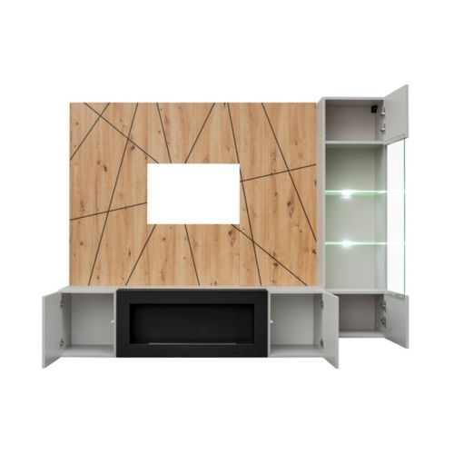 Composition Murale Ixar Géométrique – Meuble TV, Vitrine Suspendue, Panneaux Muraux Et Cheminée Bio