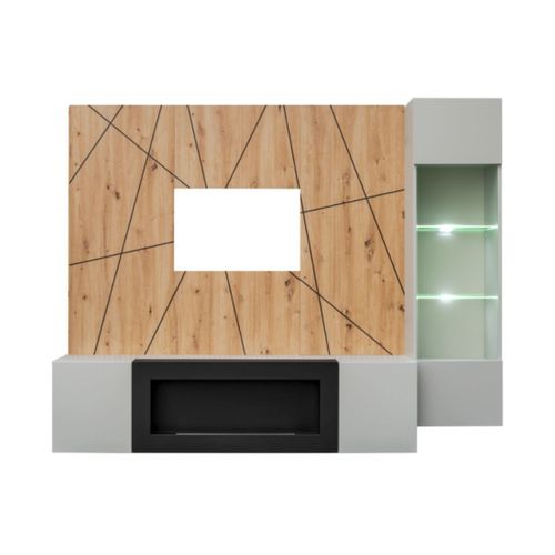 Composition Murale Ixar Géométrique – Meuble TV, Vitrine Suspendue, Panneaux Muraux Et Cheminée Bio