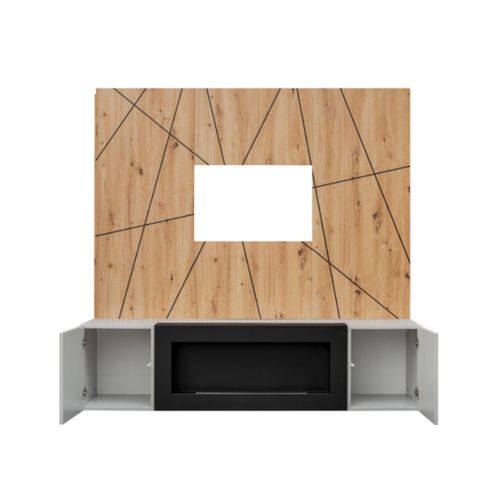 Composition Murale Ixar Géométrique – Meuble TV + Panneaux Muraux Décoratifs + Cheminée Bio-éthanol