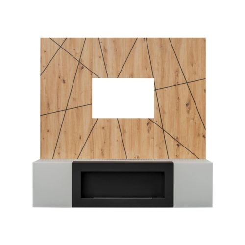 Composition Murale Ixar Géométrique – Meuble TV + Panneaux Muraux Décoratifs + Cheminée Bio-éthanol