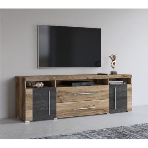 Meuble TV Brazza 182 Cm – 2 Portes, 2 Tiroirs – Noyer Satin Et Niches Visibles