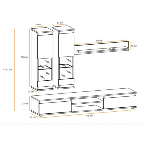 Composition Murale Domo – Meuble TV, 2 Vitrines Suspendues Et Étagère Murale – Chêne Clair Et Noir