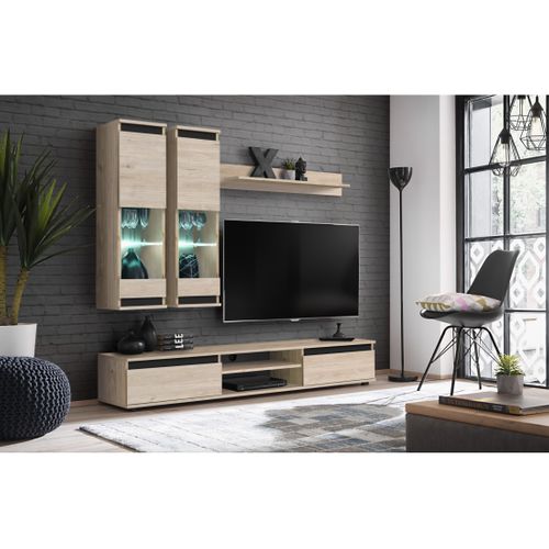 Composition Murale Domo – Meuble TV, 2 Vitrines Suspendues Et Étagère Murale – Chêne Clair Et Noir