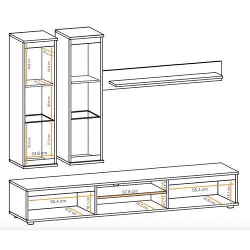 Composition Murale Domo – Meuble TV, 2 Vitrines Suspendues Et Étagère Murale – Chêne Clair Et Noir