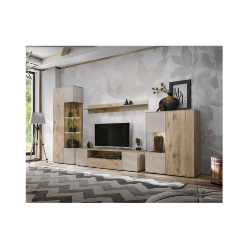 Meuble TV Erina – 2 Portes Et 1 Tiroir – Chêne Clair Et Beige – 160 Cm