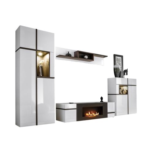 Ensemble De Salon Criss Avec Cheminée Bio-éthanol – Blanc Brillant – Meuble TV, Vitrine, Vitrine Ba